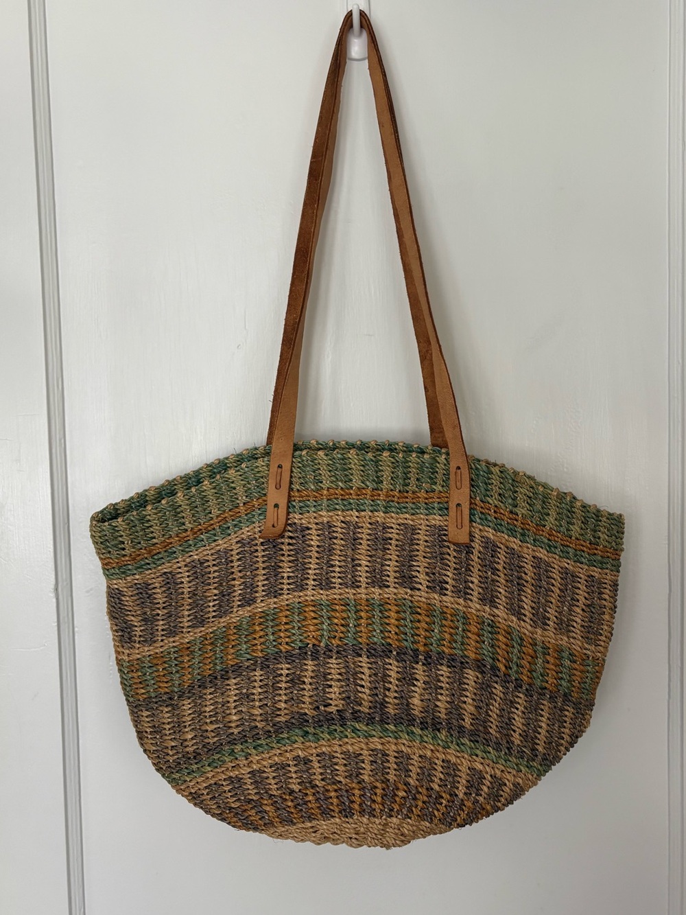 Vintage Woven Sisal Market Bag with Leather Straps